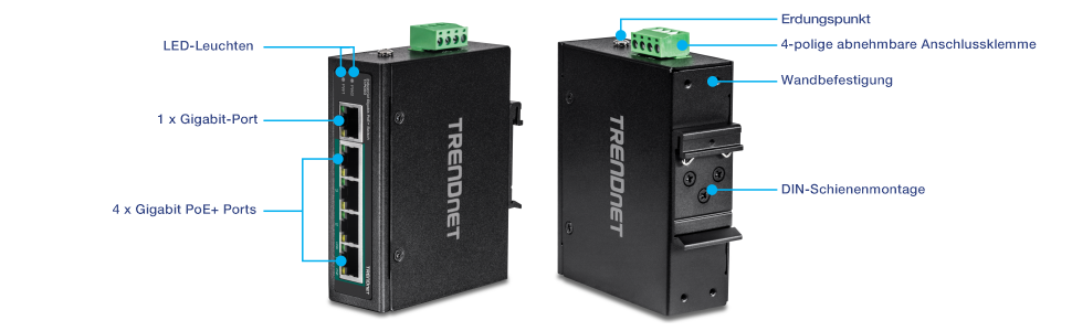 Mehrere Ansichten eines industriellen Gigabit-PoE+-DIN-Schienen-Switches mit 5 Ports. Die nach vorne abgewinkelte Ansicht zeigt LED-Anzeigen, einen Gigabit-Port und vier Gigabit-PoE+-Ports. Die nach hinten gewinkelte Ansicht zeigt den Erdungspunkt, den vierpoligen abnehmbaren Klemmenblock, die Wandhalterung und die DIN-Schienenhalterung.