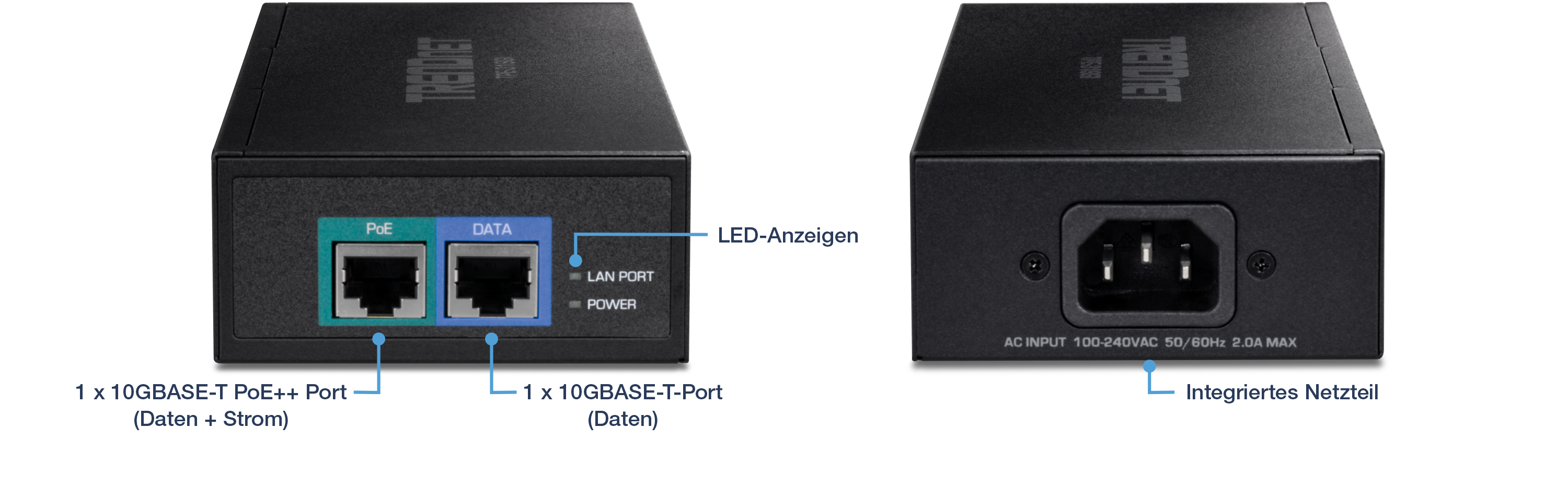 Ein Gerät mit Vorder- und Rückansicht. Auf der Vorderseite sind zwei Ports mit der Bezeichnung PoE und DATA zu sehen. Der PoE-Port ist ein 10GBASE-T PoE++-Port, der sowohl Daten als auch Strom unterstützt, während der DATA-Port ein 10GBASE-T-Port ist, der nur Daten unterstützt. LED-Anzeigen neben den Anschlüssen sind mit LAN PORT und POWER beschriftet. Die Rückansicht zeigt ein integriertes Netzteil mit einem AC-Eingang mit der Bezeichnung 100-240VAC 50/60Hz 2.0A MAX.