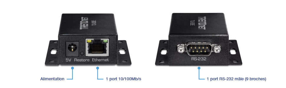 Das Bild zeigt einen TRENDnet TU-S9 USB-zu-Seriell-Konverter, der sowohl die Vorder- als auch die Rückseite zeigt. Die Vorderansicht umfasst einen 5-V-Stromanschluss, eine Wiederherstellungstaste und einen Ethernet-Anschluss (1 x 10 100 Mbit/s). Die Rückansicht verfügt über einen RS-232-Stecker (9-polig), der die Fähigkeit zur Umwandlung von USB-Signalen in serielle Signale unterstreicht, was für den Anschluss moderner Computer und älterer Geräte nützlich ist.