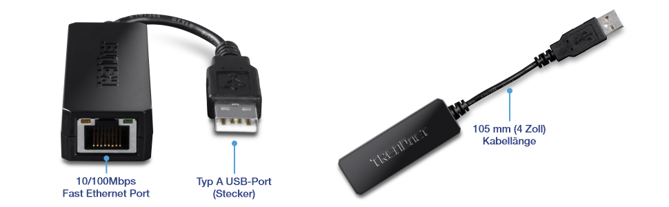 Das Bild zeigt einen USB 2.0 zu Fast Ethernet Adapter, Modell TU2-ET100. Er verfügt über einen 10/100 Mbps Fast Ethernet Port an einem Ende und einen USB Type A Anschluss am anderen. Er wird verwendet, um einen Computer oder ein anderes Gerät mit einem USB-Anschluss mit einem kabelgebundenen Ethernet-Netzwerk zu verbinden und bietet zuverlässigen Internetzugang.