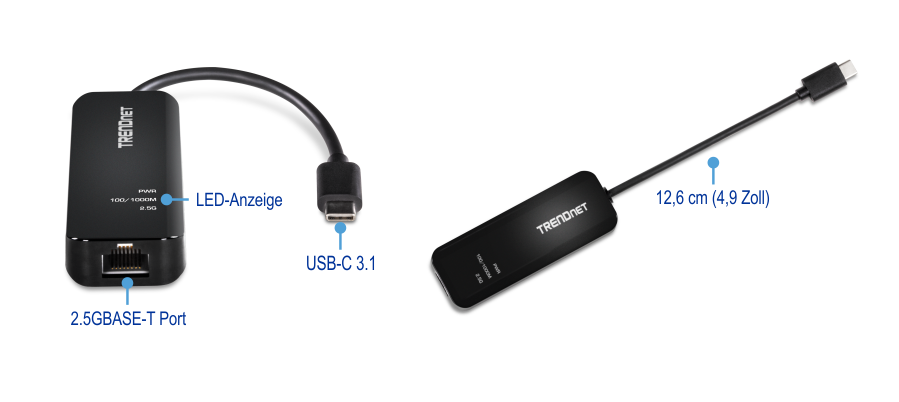Der TRENDnet-Netzwerkadapter wird aus verschiedenen Blickwinkeln gezeigt. Es verfügt über einen 2,5-GBASE-T-Anschluss, LED-Anzeigen und einen USB-C 3.1-Anschluss.