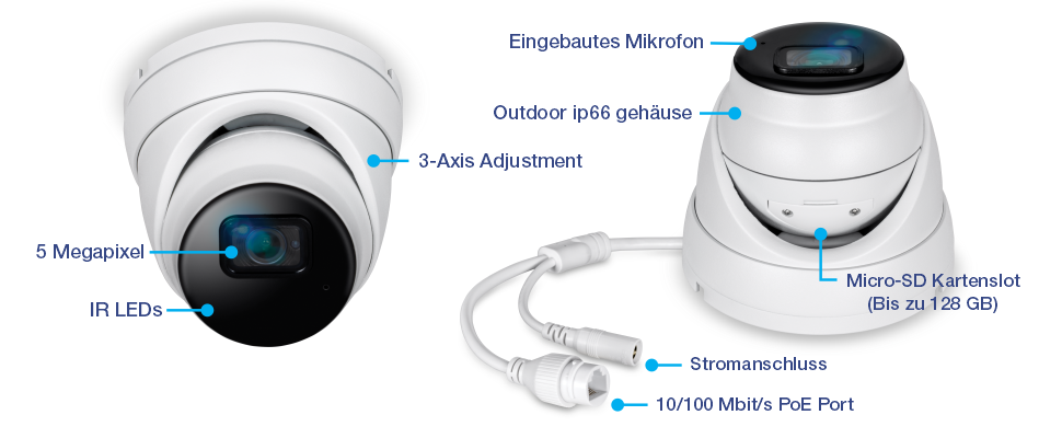 TV-IP1515PI 5 Megapixel Festturm-Netzwerkkamera mit IR-LEDs für Nachtsicht, eingebautem Mikrofon, 3-Achsen-Einstellung, IP66-Wetterschutz, Micro-SD-Kartensteckplatz (bis zu 256 GB), Netzanschluss und 10/100Mbps PoE-Anschluss.