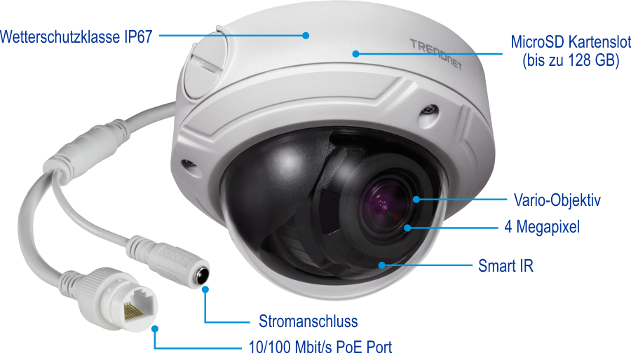 Eine weiße, kuppelförmige Überwachungskamera mit IP67-Wetterschutzklasse für den Außenbereich, einem Micro-SD-Kartensteckplatz für bis zu 128 GB, einem Varioobjektiv, einer 4-Megapixel-Auflösung, Smart-IR-Technologie, einer Strombuchse und einem PoE-Anschluss mit 10/100 Mbit/s.