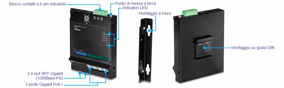 Un dispositivo di rete con una morsettiera rimovibile a sei pin nella parte superiore, un punto di messa a terra e indicatori LED sul pannello frontale. È dotato di due slot Gigabit SFP (100/1000Base-FX) e quattro porte Gigabit PoE+ nella parte inferiore. Il dispositivo può essere montato utilizzando un supporto a parete o un montaggio su guida DIN. Il supporto a parete è una staffa separata, mentre il supporto su guida DIN è fissato sul retro del dispositivo. Il dispositivo è nero e rettangolare con etichette che indicano le parti specifiche e le loro funzioni.
