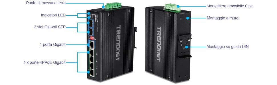 Le viste multiple di uno switch industriale su guida DIN Gigabit PoE++ rinforzato a 6 porte mostrano varie porte e opzioni di montaggio. La vista sinistra ha componenti etichettati dall'alto verso il basso: punto di messa a terra, indicatori LED, due slot SFP Gigabit, una porta condivisa Gigabit e quattro porte Gigabit 4PPoE. La vista a destra presenta una morsettiera rimovibile a 6 pin nella parte superiore, un supporto a parete al centro e un supporto su guida DIN nella parte inferiore, progettati per la connettività di rete e la flessibilità.