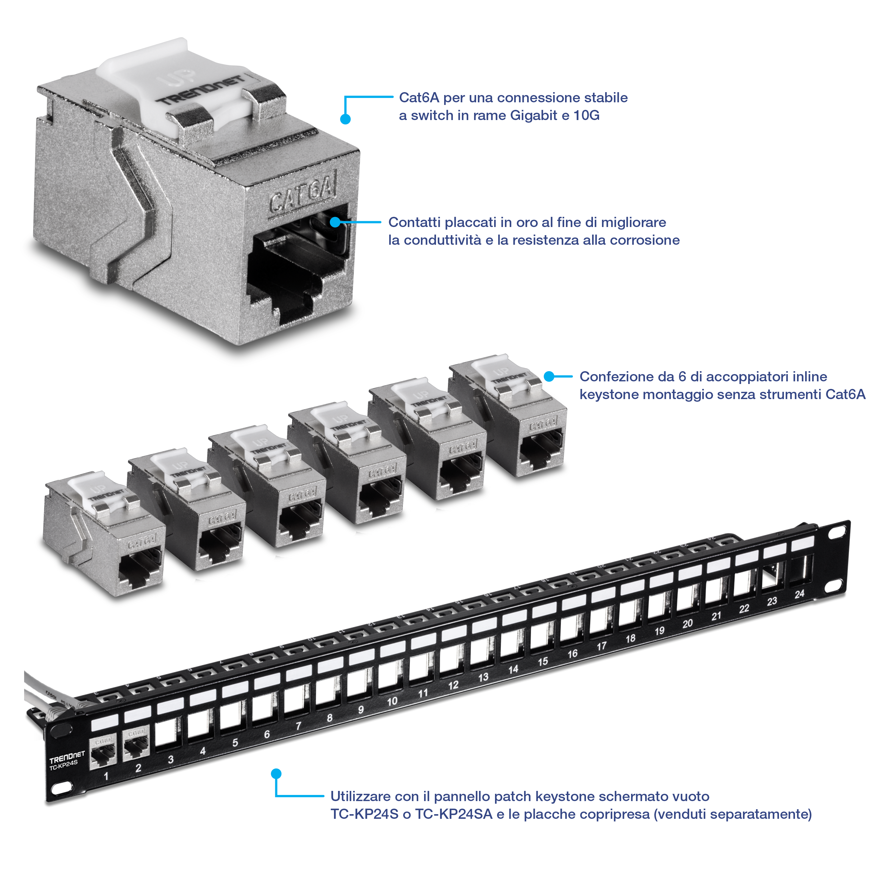 Una confezione da 6 accoppiatori trapezoidali in linea Cat6A senza attrezzi (modello TC-KC06C6A) e un pannello patch trapezoidale. Gli accoppiatori sono progettati per collegamenti stabili a switch Gigabit e 10G in rame, con contatti placcati in oro per migliorare la conduttività e la resistenza alla corrosione. Il pannello patch è compatibile con i pannelli patch keystone vuoti schermati TC-KP24S o TC-KP24SA e le piastre a parete, venduti separatamente.