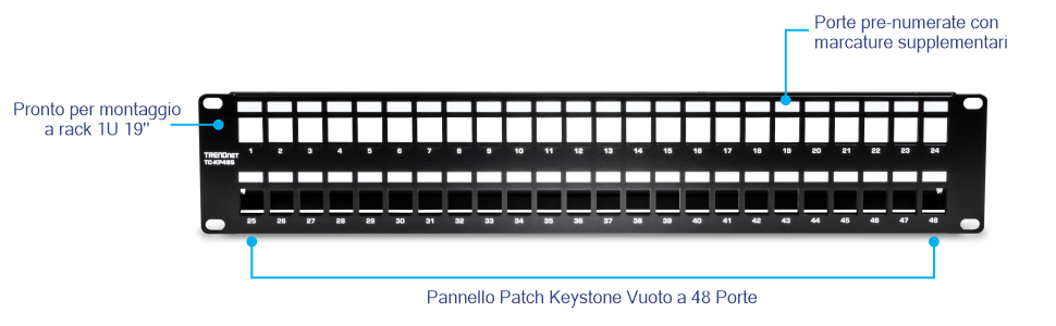 TRENDnet TC-KP48S Pannello patch HD 2U schermato Keystone vuoto a 48 porte. Questo pannello patch è progettato per un montaggio su rack da 19 pollici e ha un'altezza di 2U. È dotato di 48 porte trapezoidali vuote che consentono la personalizzazione con vari tipi di jack trapezoidali. Il pannello include porte prenumerate ed etichette supplementari per una facile identificazione e organizzazione. Il design schermato aiuta a proteggere dal rumore EMI/RFI, rendendolo adatto per la gestione e l'organizzazione dei cavi di rete nei data center o negli armadi di rete.