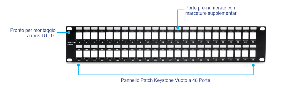 TRENDnet TC-KP48 Pannello patch Keystone 2U HD vuoto a 48 porte. Il pannello è progettato per il cablaggio di rete e ha un'altezza di 2U, il che lo rende adatto per un montaggio su rack da 19 pollici. È dotato di 48 porte trapezoidali vuote che possono ospitare vari tipi di jack trapezoidali. Le porte sono prenumerate e sono dotate di etichette supplementari per una facile identificazione e organizzazione. Questo pannello patch è ideale per gli amministratori di rete e i professionisti IT che devono gestire e organizzare i cavi di rete in modo efficiente.
