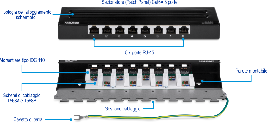 Il pannello patch per montaggio a parete schermato Cat6A a 8 porte TRENDnet TC-P08C6AS offre un design dell'alloggiamento schermato, 8 porte RJ-45, 110 morsettiere IDC e supporta gli schemi di cablaggio T568A e T568B. Include funzioni di gestione dei cavi e un cavo di messa a terra ed è progettato per il montaggio a parete, il che lo rende ideale per organizzare e proteggere le connessioni di rete in ambienti in cui lo spazio è limitato.