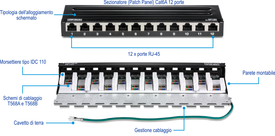 Il TC-P12C6AS è un pannello patch schermato Cat6A a 12 porte per montaggio a parete. Questo pannello è dotato di un contenitore schermato per la protezione contro le interferenze EMI/RFI, 12 porte RJ-45 per i collegamenti di rete e 110 morsettiere di tipo IDC. Supporta gli schemi di cablaggio T568A e T568B e include un cavo di messa a terra per una maggiore sicurezza. Inoltre, il pannello patch è progettato per una facile gestione dei cavi ed è montabile a parete, il che lo rende ideale per organizzare i cavi di rete in ambienti con spazio limitato.