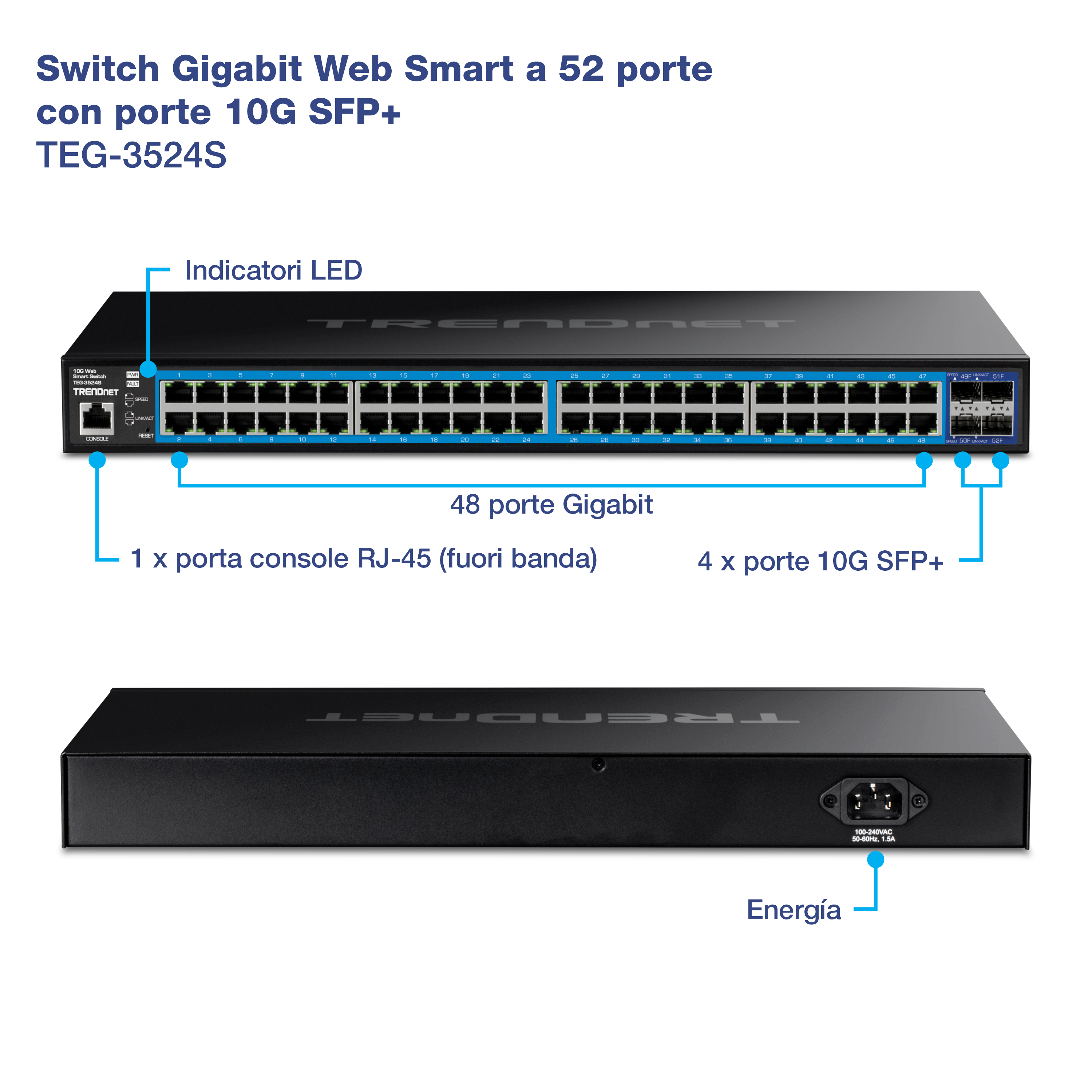 TRENDnet TEG-3524S è uno Smart Switch Web Gigabit a 24 porte con 4 porte 10G SFP+ e 1 porta console RJ-45 (fuori banda). Lo switch è dotato di indicatori LED sul pannello frontale, di porte da 24 Gigabit e di un ingresso di alimentazione sul pannello posteriore.