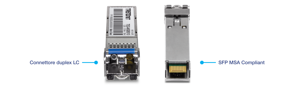 Due viste di un modulo ricetrasmettitore SFP (Small Form-factor Pluggable) a marchio TRENDnet. Il lato sinistro mostra la vista frontale con un connettore duplex LC, mentre il lato destro mostra la vista posteriore che indica la conformità SFP MSA (Multi-Source Agreement).