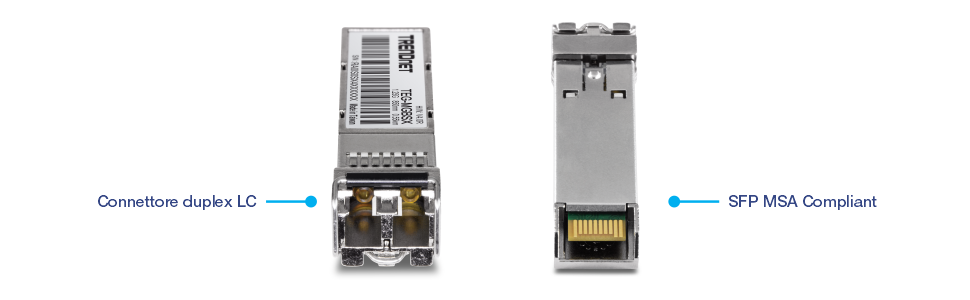 Due viste di un modulo ricetrasmettitore SFP TRENDnet TEG-MGBSX. La vista a sinistra evidenzia il connettore duplex LC per i collegamenti in fibra ottica. La vista a destra mostra la sua conformità agli standard SFP MSA (Multi-Source Agreement), garantendo la compatibilità con altre apparecchiature di rete.
