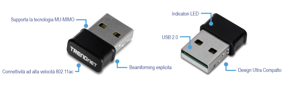 Un dispositivo USB TRENDnet che supporta la tecnologia MU-MIMO, offre connettività 802.11ac ad alta velocità, è dotato di beamforming esplicito e dispone di un'interfaccia USB 2.0, un indicatore LED e un design ultracompatto.