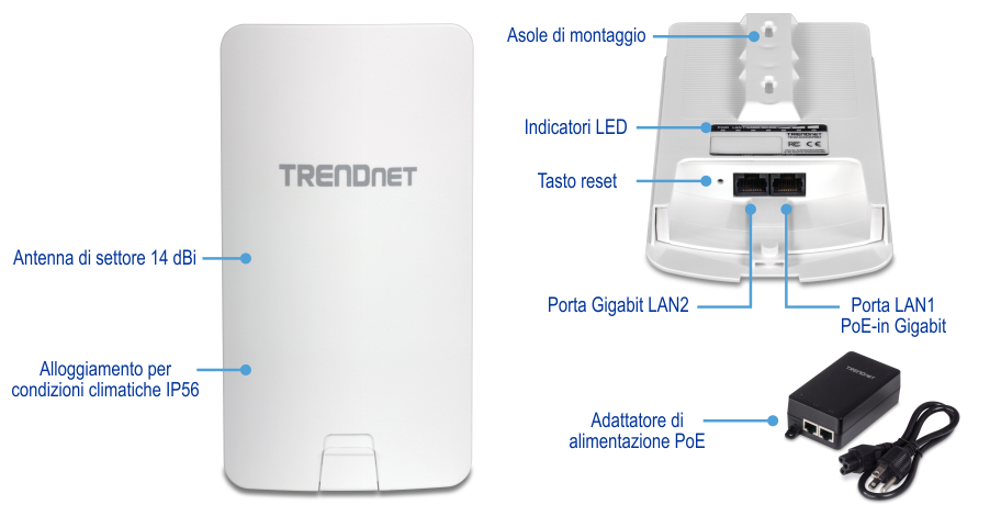 Un dispositivo TRENDnet con un'antenna direzionale da 14 dBi e un grado di protezione IP56. La vista frontale evidenzia l'antenna e la protezione atmosferica, mentre la vista posteriore mostra il punto di montaggio, gli indicatori LED, il pulsante di ripristino, la porta Gigabit LAN2 e la porta Gigabit PoE-in LAN1. Inoltre, viene visualizzato un adattatore di alimentazione PoE.