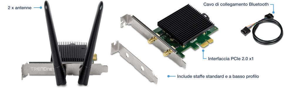 Un componente hardware del computer con due antenne, un'interfaccia PCIe 2.0 x1 e un cavo di intestazione Bluetooth. Include staffe standard e a basso profilo. Le antenne sono collegate al componente principale, che ha un dissipatore di calore, e il cavo di intestazione Bluetooth è arrotolato e separato.