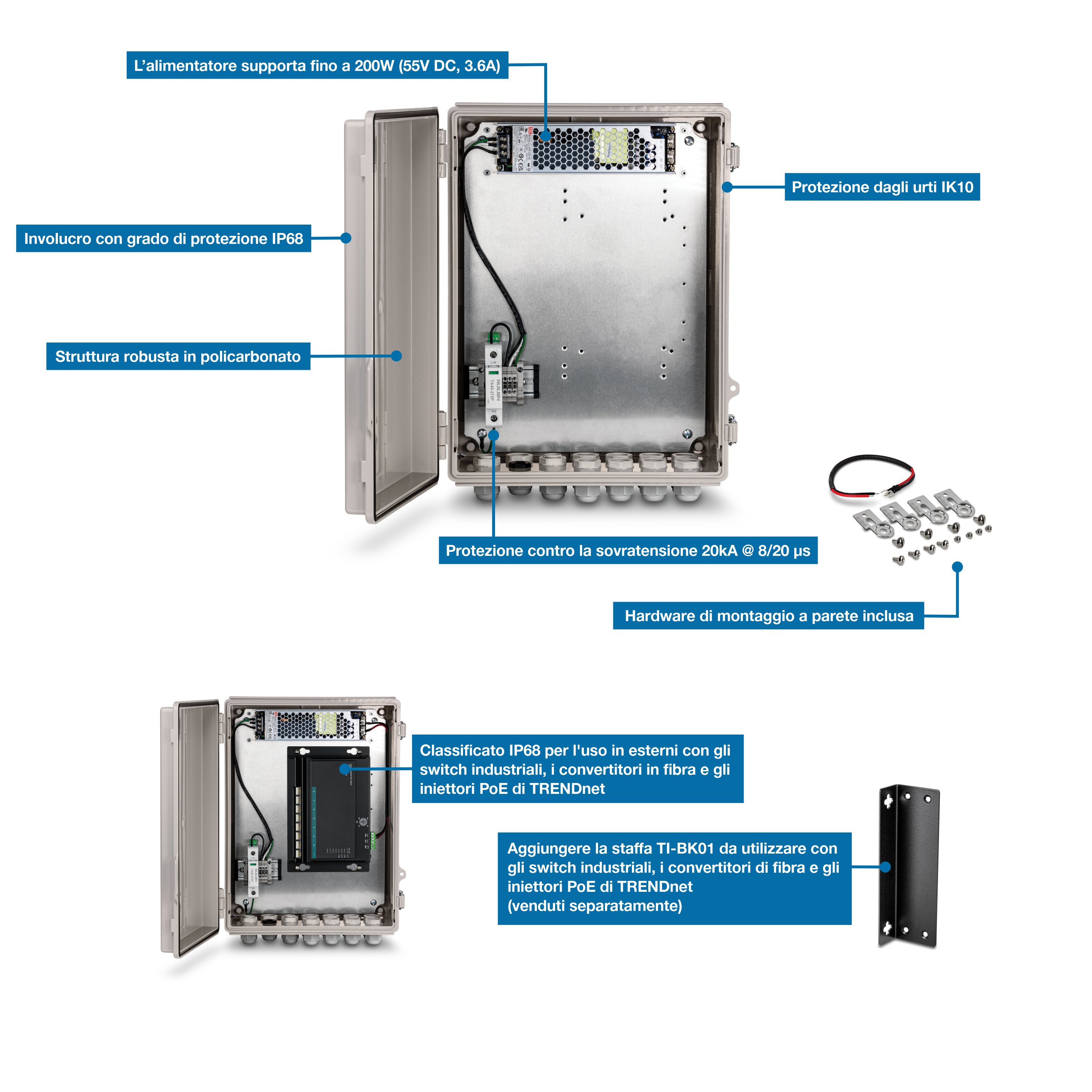 L'illustrazione mostra la vista frontale di un contenitore TI-CA3K aperto. Include etichette per il supporto di alimentatori fino a 200 W (55 V CC, 3,6 A), protezione dagli urti IK10, custodia IP68 resistente alle intemperie, robusta struttura in policarbonato e protezione contro le sovratensioni 20 kA @ 8/20. L'hardware per il montaggio a parete è incluso. Sotto, c'è una vista aperta con un dispositivo di rete all'interno etichettato IP68 per uso esterno con switch industriali TRENDnet, convertitori in fibra e iniettori PoE. Una vista della staffa TI-BK01 indica che può adattarsi perfettamente ad altri dispositivi industriali compatti TRENDnet (staffa venduta separatamente).