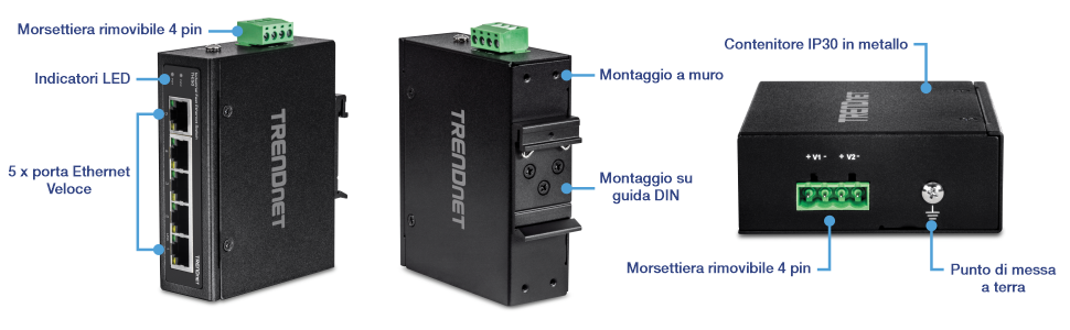 L'illustrazione mostra una vista angolata verticale dello switch industriale Fast Ethernet su guida DIN TI-E50 a 5 porte, con etichette per la morsettiera rimovibile a 4 pin, indicatori LED e cinque porte Fast Ethernet sulla sinistra. Al centro viene visualizzata una vista retroangolata contrassegnata con montaggio a parete e montaggio su guida DIN. A destra, la vista posteriore è etichettata con custodia metallica IP30, morsettiera rimovibile a 4 pin e punto di messa a terra.