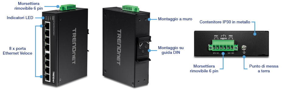 L'illustrazione mostra una vista angolata verticale dello switch su guida DIN Fast Ethernet industriale a 8 porte TI-E80, con etichette per la morsettiera rimovibile a 6 pin, indicatori LED e otto porte Fast Ethernet a sinistra. Al centro viene visualizzata una vista retroangolata contrassegnata con montaggio a parete e montaggio su guida DIN. A destra, la vista posteriore è etichettata con custodia in metallo IP30, morsettiera rimovibile a 6 pin e punto di messa a terra.