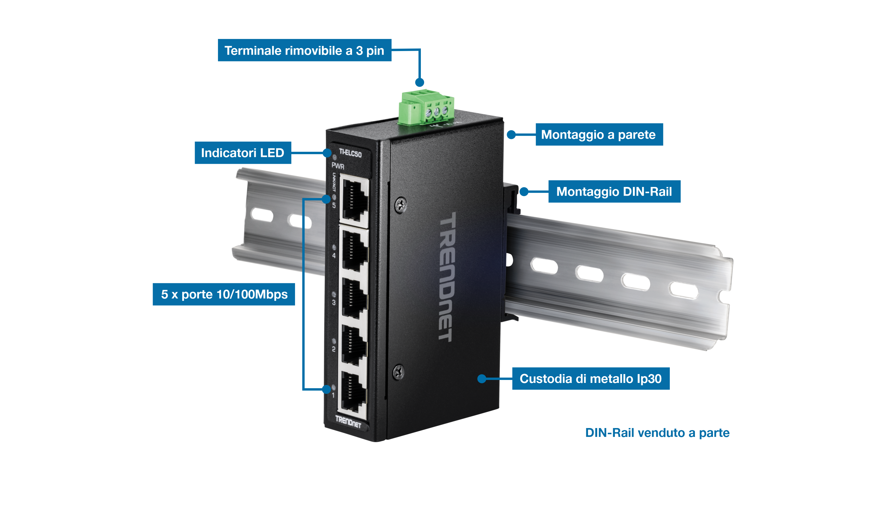 L'immagine mostra il mini switch industriale Fast Ethernet su guida DIN a 5 porte su guida DIN. È etichettato con una morsettiera rimovibile a 3 pin, indicatori LED, montaggio a parete, montaggio su guida DIN, cinque porte 10/100Mbps e un contenitore in metallo IP30. Una nota indica che la guida DIN è venduta separatamente.
