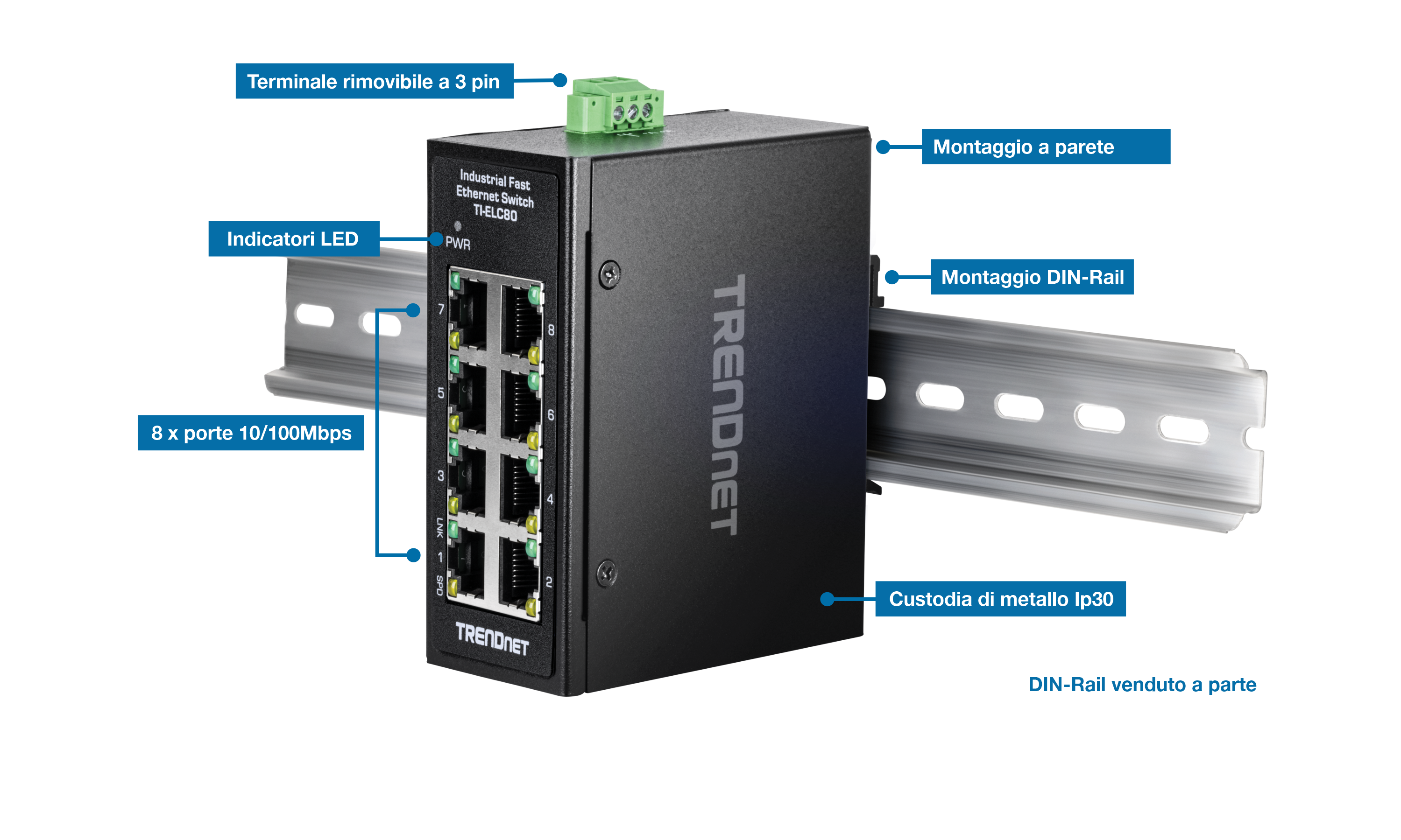 L'immagine mostra il mini switch industriale Fast Ethernet su guida DIN a 8 porte su guida DIN. È etichettato con una morsettiera rimovibile a 3 pin, indicatori LED, montaggio a parete, montaggio su guida DIN, cinque porte 10/100Mbps e un contenitore in metallo IP30. Una nota indica che la guida DIN è venduta separatamente.