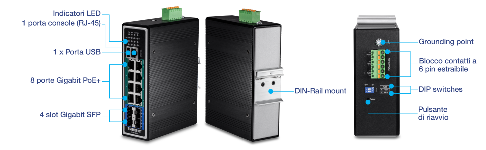 Viste multiple di uno switch industriale su guida DIN PoE+ gestito Gigabit L2+ a 12 porte. La vista frontale mostra indicatori LED, porta console (RJ-45), porta USB, porte Gigabit PoE+ e slot Gigabit SFP. La vista retroangolata mostra il supporto per guida DIN. La vista dall'alto mostra il punto di messa a terra, la morsettiera, gli interruttori DIP e il pulsante di ripristino.
