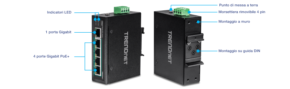 Viste multiple di uno switch industriale Gigabit PoE+ su guida DIN a 5 porte. La vista frontale mostra indicatori LED, una porta Gigabit e quattro porte Gigabit PoE+. La vista retroangolata mostra il punto di messa a terra, la morsettiera rimovibile a quattro pin, il montaggio a parete e il montaggio su guida DIN.