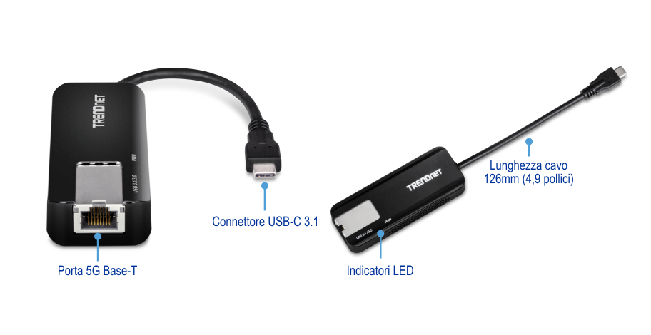 La scheda di rete TRENDnet viene mostrata da diverse angolazioni. È dotato di una porta 5GBASE-T, indicatori LED e un connettore USB-C 3.1 con cavo da 126 mm (4,9 pollici).