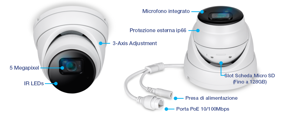 Telecamera di Rete a Torretta Fissa 5 Megapixel TV-IP1515PI con LED IR per visione notturna, microfono integrato, regolazione su 3 assi, grado di protezione IP66, slot per scheda Micro SD (fino a 256GB), presa di alimentazione e porta PoE 10/100Mbps.
