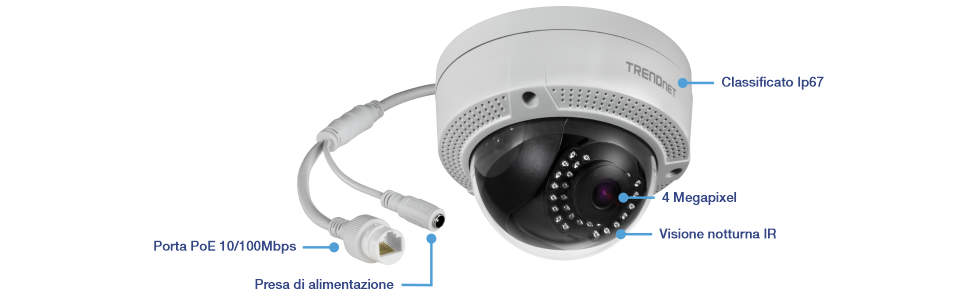 Una telecamera di sorveglianza con caratteristiche etichettate che indicano che è classificata IP67 contro le intemperie, con una risoluzione di 4 megapixel e dotata di visione notturna IR. Include una porta PoE 10/100Mbps per l'alimentazione e la trasmissione dei dati e dispone di una porta di alimentazione opzionale. Il nome del marchio TRENDnet è visibile sul lato della fotocamera.
