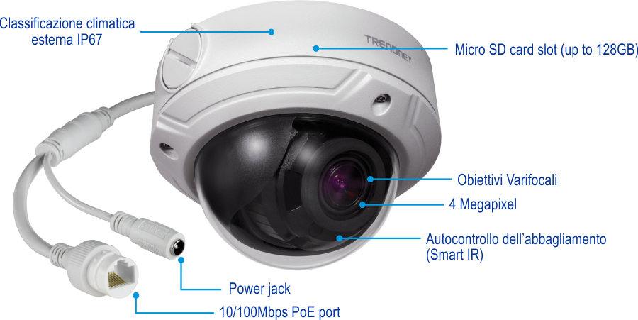 Una telecamera di sicurezza bianca a forma di cupola con grado di protezione IP67 per esterni, uno slot per schede micro SD che supporta fino a 128 GB, un obiettivo varifocale, una risoluzione di 4 megapixel, tecnologia Smart IR, un jack di alimentazione e una porta PoE 10/100 Mbps.