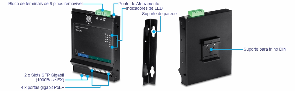 Um dispositivo de rede com um bloco de terminais removível de seis pinos na parte superior, um ponto de aterramento e indicadores LED no painel frontal. Possui dois slots Gigabit SFP (100/1000Base-FX) e quatro portas Gigabit PoE+ na parte inferior. O dispositivo pode ser montado usando um suporte de parede ou um suporte de trilho DIN. O suporte de parede é um suporte separado, enquanto o suporte de trilho DIN é fixado na parte traseira do dispositivo. O dispositivo é preto e retangular com etiquetas indicando as peças específicas e suas funções.