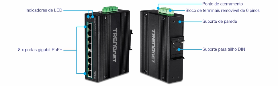 Várias visualizações de um switch industrial Gigabit PoE+ DIN-Rail de 8 portas. A vista esquerda apresenta oito portas Gigabit PoE+ alinhadas verticalmente com indicadores LED. A vista direita destaca vários componentes, incluindo um ponto de aterramento na parte superior, um bloco de terminais removível de 6 pinos adjacente ao ponto de aterramento, um suporte de parede na lateral e um suporte em trilho DIN abaixo do suporte de parede. Projetado para conectividade de rede e flexibilidade de montagem.