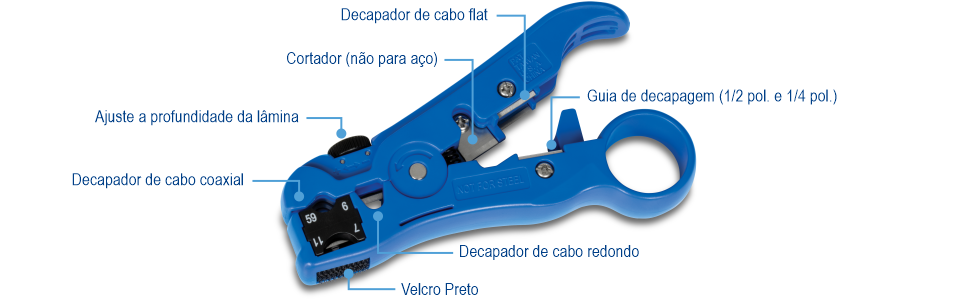 Ferramenta de decapagem universal TC-CT70, A ferramenta inclui um decapador de cabo plano, um cortador (não para aço), uma guia de decapagem (1/2 polegada e 1/4 de polegada), um decapador de cabo redondo, Velcro preto para blindagem trançada no cabo, um decapador de cabo coaxial e um recurso de ajuste de profundidade da lâmina. Esta visão geral detalhada destaca as várias funcionalidades da ferramenta para uma decapagem precisa de cabos.