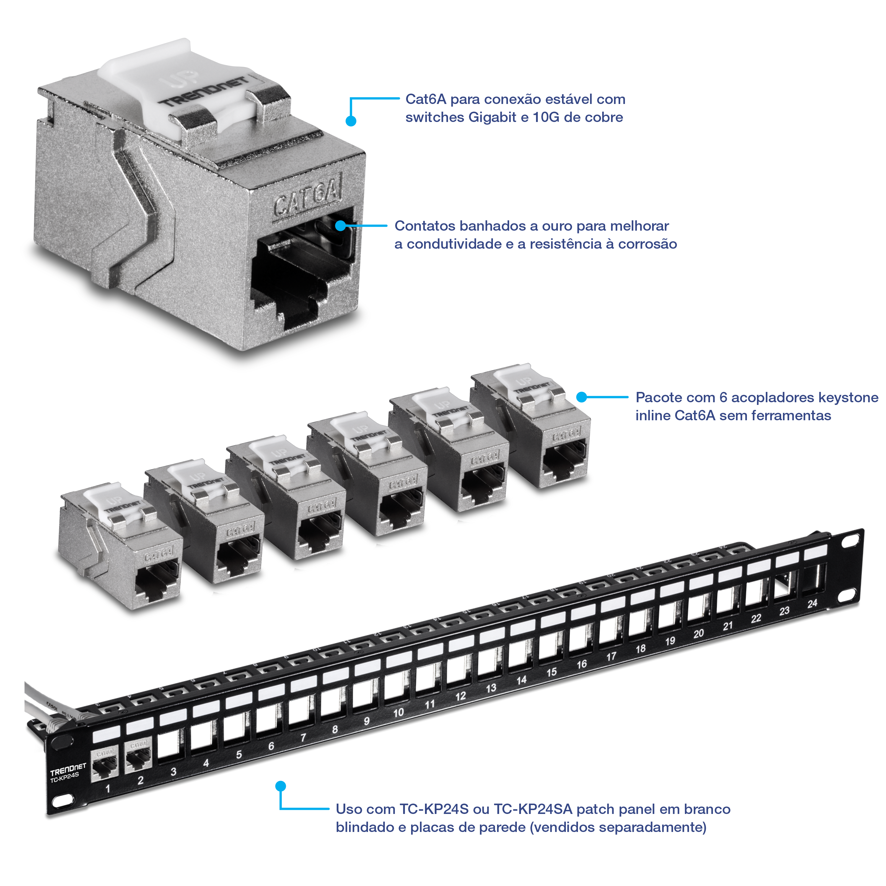 Um pacote de 6 acopladores trapezoidais em linha Cat6A sem ferramentas (modelo TC-KC06C6A) e um patch panel trapezoidal. Os acopladores são projetados para conexões estáveis a switches Gigabit e 10G de cobre, com contatos banhados a ouro para melhorar a condutividade e a resistência à corrosão. O patch panel é compatível com os patch panels trapezoidais em branco blindados TC-KP24S ou TC-KP24SA e placas de parede, que são vendidos separadamente.