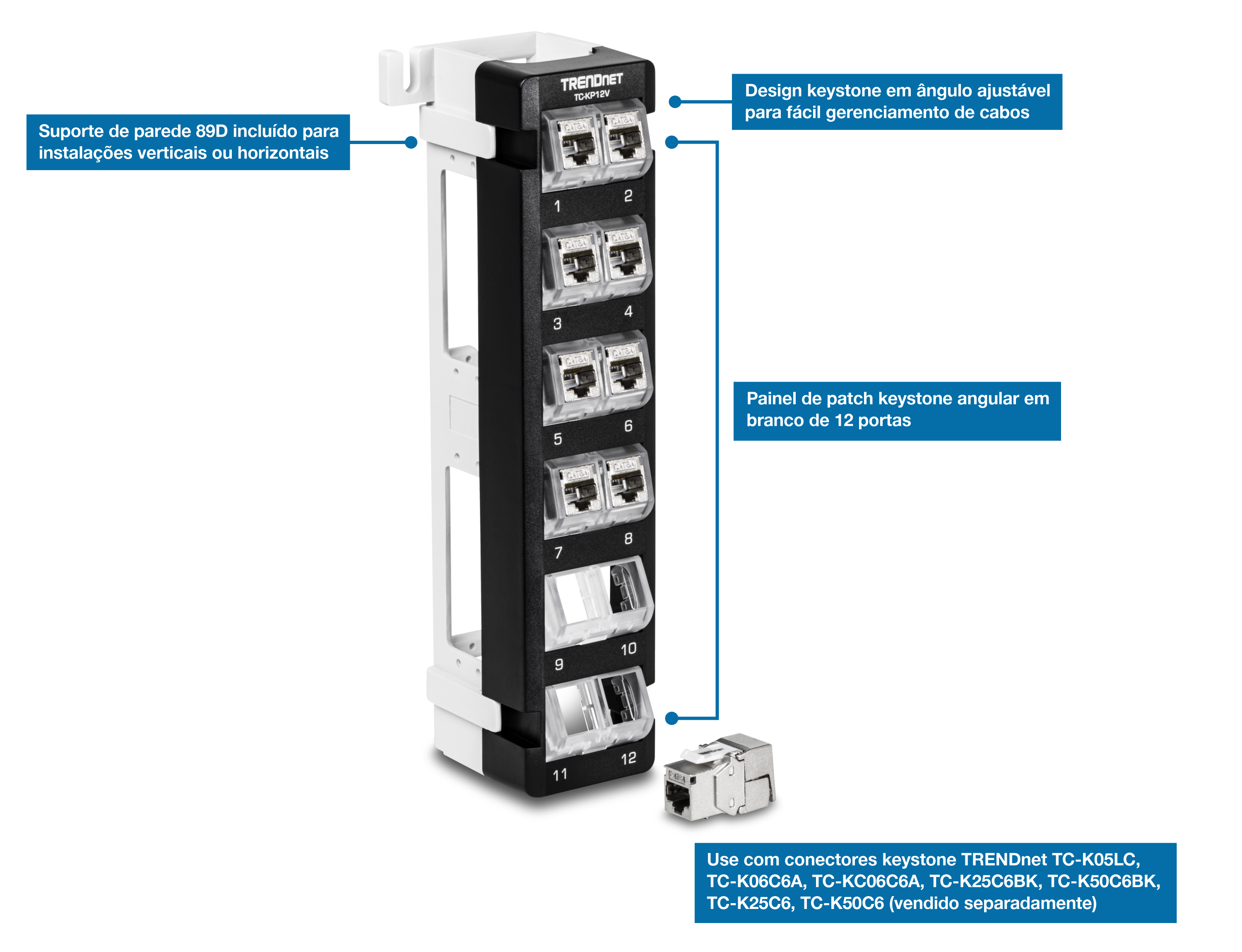 Um Painel de Patch Trapezoidal de Montagem em Parede Angular em Branco TC-KP12V de 12 Portas. Possui um design trapezoidal angular ajustável para fácil gerenciamento de cabos e inclui um suporte de montagem em parede 89D para instalações verticais ou horizontais. Possui 12 portas e é compatível com os conectores trapezoidais TRENDnet (TC-K05LC, TC-K06C6A, TC-K06C6A, TC-K25C6BK, TC-K50C6BK, TC-K25C6, TC-K50C6), que são vendidos separadamente.