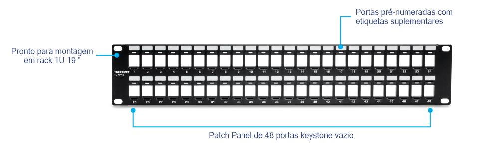 TRENDnet TC-KP48 Painel de Patch Trapezoidal em Branco de 48 Portas 2U HD. O painel foi projetado para cabeamento de rede e tem 2U de altura, tornando-o adequado para uma montagem em rack de 19 polegadas. Possui 48 portas trapezoidais em branco que podem abrigar vários tipos de conectores trapezoidais. As portas são pré-numeradas e vêm com etiquetas suplementares para facilitar a identificação e organização. Este patch panel é ideal para administradores de rede e profissionais de TI que precisam gerenciar e organizar cabos de rede com eficiência.