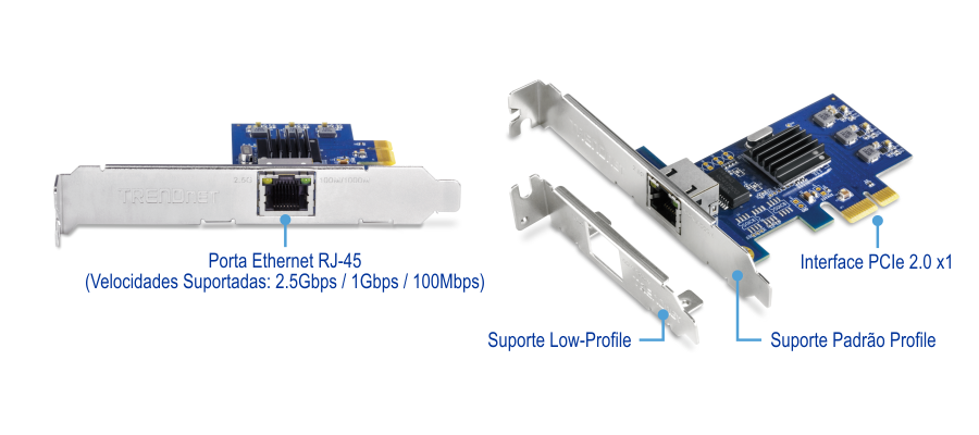A placa de interface de rede (NIC) TRENDnet TEG-25GECTX possui uma porta Ethernet RJ-45 que suporta velocidades de 2,5 Gbps, 1 Gbps e 100 Mbps. Ele também inclui uma interface PCIe 2.0 x1 para conexão com a placa-mãe de um computador. A placa vem com suportes de baixo perfil e padrão para prendê-la em diferentes tipos de gabinetes de computador.