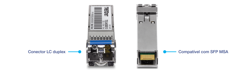 Duas visualizações de um módulo transceptor SFP (Small Form-factor Pluggable) da marca TRENDnet. O lado esquerdo mostra a vista frontal com um conector duplex LC, enquanto o lado direito mostra a vista traseira indicando a conformidade com SFP MSA (Multi-Source Agreement).