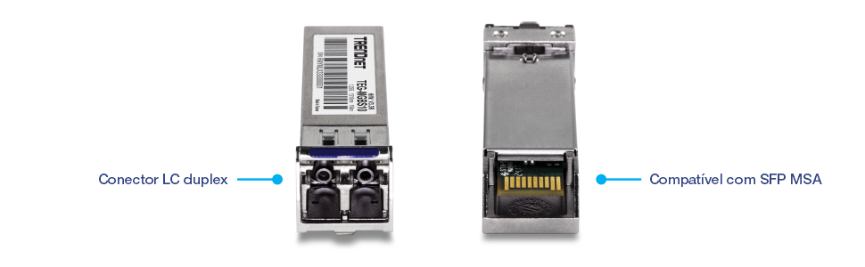 Duas visualizações de um módulo transceptor SFP (Small Form-factor Pluggable) da marca TRENDnet. O lado esquerdo mostra a vista frontal com um conector duplex LC, enquanto o lado direito mostra a vista traseira indicando a conformidade com SFP MSA (Multi-Source Agreement).