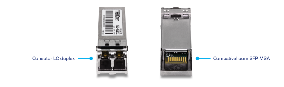 Duas visualizações de um módulo transceptor TRENDnet TEG-MGBSX SFP. A vista esquerda destaca o conector duplex LC para conexões de fibra óptica. A visualização à direita mostra a conformidade com os padrões SFP Multi-Source Agreement, garantindo a compatibilidade com vários dispositivos de rede.