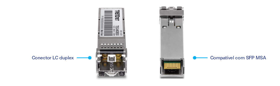 Duas visualizações de um módulo transceptor TRENDnet TEG-MGBSX SFP. A vista esquerda destaca o conector duplex LC para conexões de fibra óptica. A visualização à direita mostra a conformidade com os padrões SFP Multi-Source Agreement, garantindo a compatibilidade com vários dispositivos de rede.