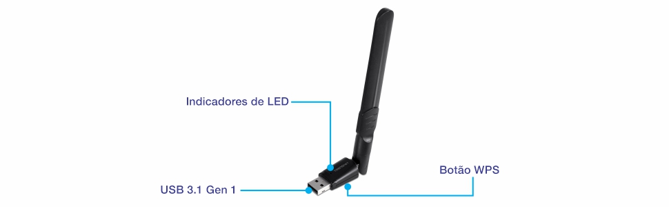 Um adaptador USB Wi-Fi com uma antena externa, com um indicador LED no corpo, um conector USB 3.1 Gen1 na extremidade e um botão WPS na lateral, projetado para melhorar a recepção do sinal sem fio.