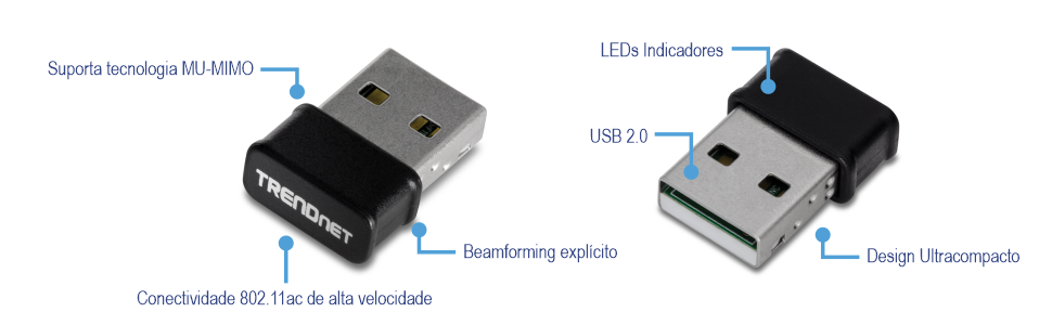 Um dispositivo USB da TRENDnet que suporta a tecnologia MU-MIMO, oferece conectividade 802.11ac de alta velocidade, apresenta beamforming explícito e possui uma interface USB 2.0, um indicador LED e um design ultracompacto.