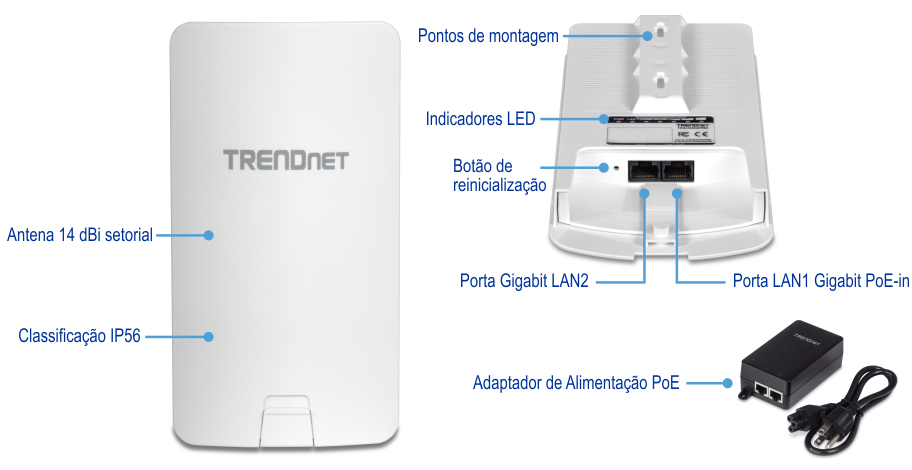 Um dispositivo TRENDnet com uma antena direcional de 14 dBi e uma classificação meteorológica IP56. A vista frontal destaca a antena e a classificação meteorológica, enquanto a vista traseira mostra o ponto de montagem, indicadores LED, botão de reset, porta Gigabit LAN2 e porta Gigabit PoE-in LAN1. Além disso, um adaptador de energia PoE é exibido.