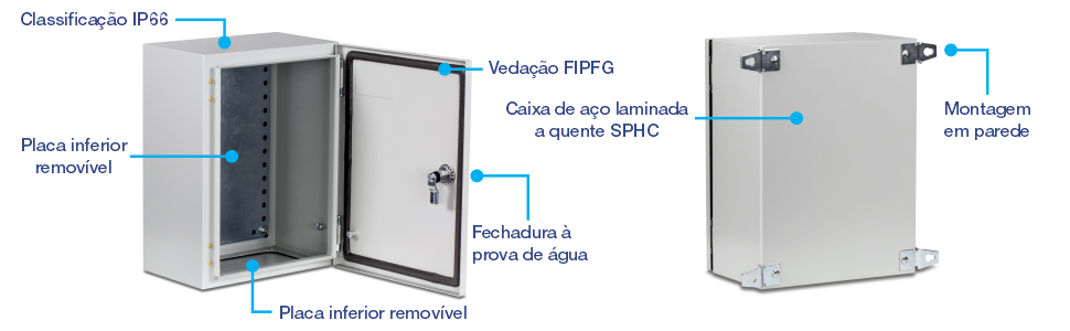 Uma porta aberta view do TI-CA2, rotulado com classificação IP66 contra intempéries, placa de montagem interna, placa inferior removível, fechadura à prova d'água e vedação FIPFG. O lado direito mostra a vista traseira rotulada com caixa de aço laminado a quente SPHC e montagem na parede.