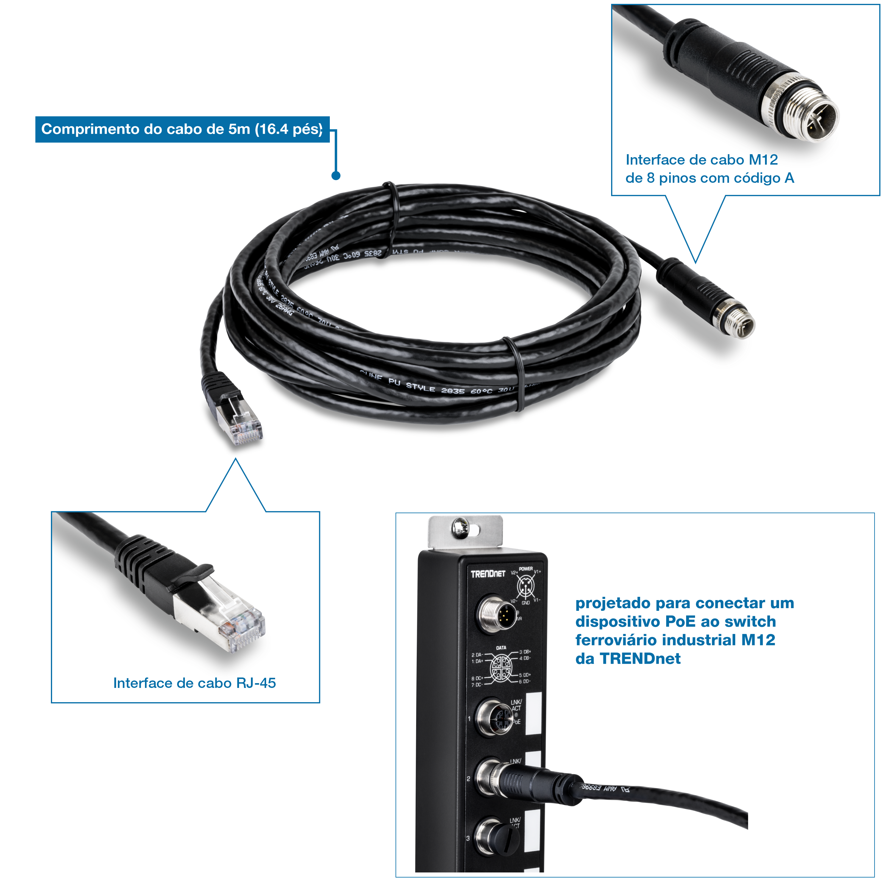 Um cabo Ethernet industrial M12 para RJ-45 enrolado rotulado com um comprimento de cabo de 5 m (16,4 pés). Inclui uma visão ampliada da interface do cabo M12 de código A de 8 pinos em uma extremidade e da interface do cabo RJ-45 na outra extremidade. A imagem também exibe uma visão de um switch ferroviário M12, destacando que o cabo foi projetado para conectar um dispositivo PoE ao switch ferroviário industrial M12 da TRENDnet.