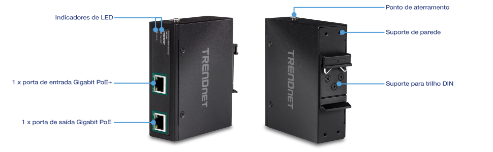 A ilustração mostra uma vista em ângulo frontal da TI-E100, identificada com indicadores LED, uma porta de entrada Gigabit PoE+ e uma porta de saída Gigabit PoE+. À esquerda, uma visão em ângulo traseiro é rotulada com ponto de aterramento, montagem na parede e montagem em trilho DIN.