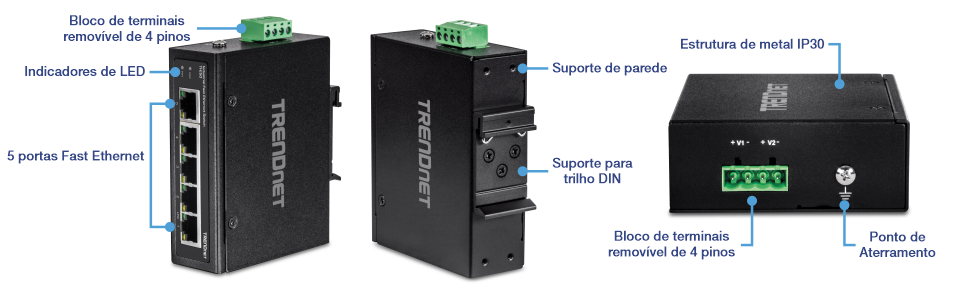 A ilustração mostra uma visão vertical em ângulo do switch industrial Fast Ethernet de 5 portas TI-E50, com etiquetas para o bloco de terminais removível de 4 pinos, indicadores LED e cinco portas Fast Ethernet à esquerda. O meio exibe uma visão em ângulo traseiro rotulada com montagem em parede e montagem em trilho DIN. À direita, a vista traseira é rotulada com caixa de metal IP30, bloco de terminais removível de 4 pinos e ponto de aterramento.