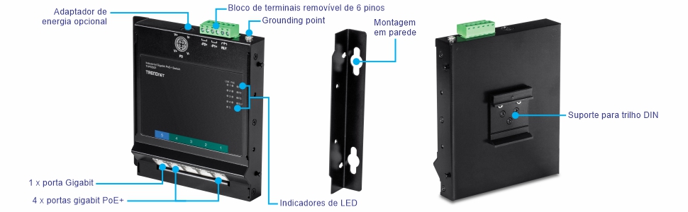 Vista frontal de um switch industrial TRENDnet mostrando os componentes rotulados: adaptador de energia opcional, bloco de terminais removível de 6 pinos, ponto de aterramento, indicadores LED, uma porta Gigabit e quatro portas Gigabit PoE+. Uma vista lateral exibe o suporte de parede. A vista traseira possui um suporte em trilho DIN.